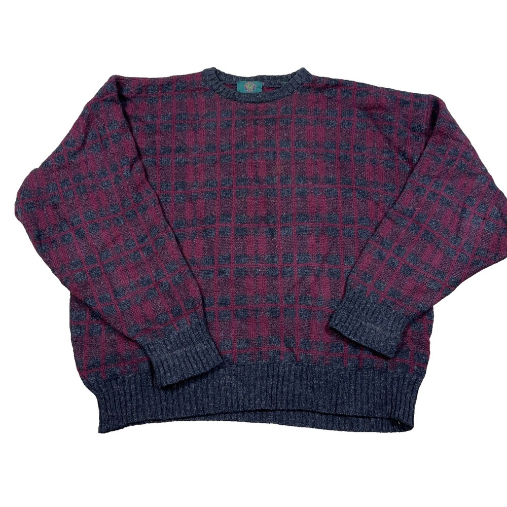 Vintage Grandpa Sweater Men XL Red Gray Wool Chunky Knit Geometric Plaid 90s